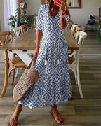 Ursula Statement Printed Long Dress with V Neck and Half Sleeves Evening Wear Edit