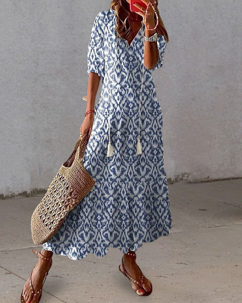 Ursula Statement Printed Long Dress with V Neck and Half Sleeves Evening Wear Edit