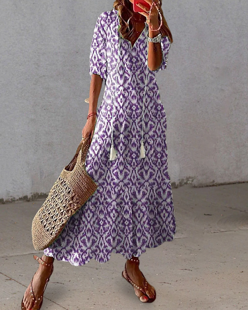 Luciana Premium Printed Long Dress with V Neck and Half Sleeves Wardrobe Essential