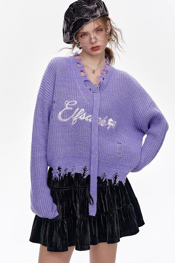 Red Embroidered Raw Edge Wool Blend Sweater