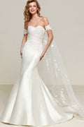 Simple Off Shoulder Satin Mermaid Detachable Train Wedding Dress