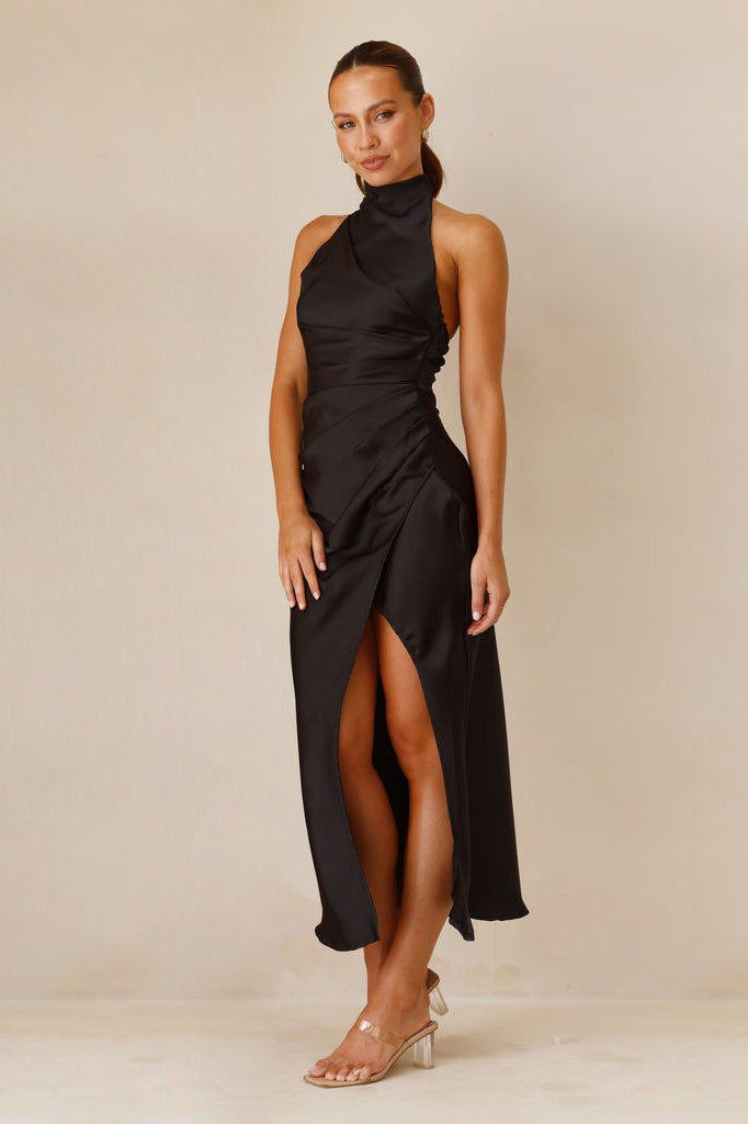 Halter Slim Solid Color Slit Sleeveless Maxi Cocktail Dress