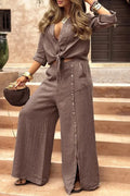 Solid Color Lapel Casual Button-down Shirt and Loose Pocket Slit Wide-leg Pants Set
