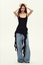 Ruched Asymmetric Black Cami Top