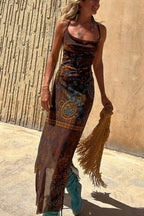 Griselda Exclusive Midi Dress with a Unique Gypsy Style Print, Cowl Neckline At the Back, Lace Up Fastening and Slit Evening Wear Edit