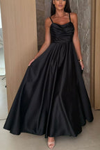 Solid Color Suspender Back Pleated Elegant Slit Full Hem Maxi Dress
