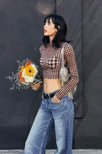 American Hottie Push Up Plaid Round Neck Slim Long Sleeve Crop Top