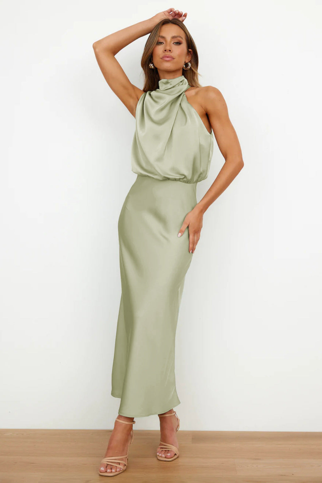 Vanessa Effortless Long Satin Dress with American Neckline Designer Edit