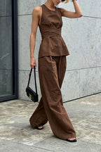Cross-Band Sleeveless Waist Top & Wide Leg Pants Set