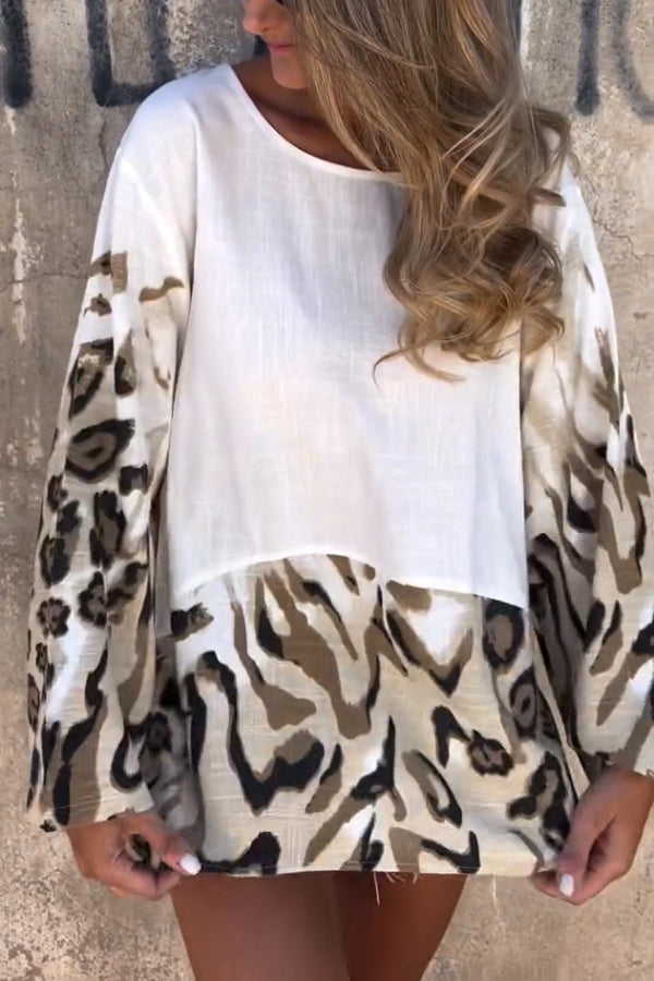 Leopard Print Loose-fitting Round Neck Long-sleeved Casual Top