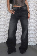 Vintage Rhinestone Distressed Low Waist Wide Leg Jeans