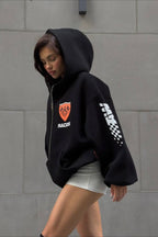 Oversized Zip-Up Logo Letter Print Hoodie