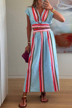 Light Blue Color-Blocked Striped V-Neck Fitted Waist Vacation Maxi Dress