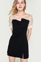 Black Draped Contrast Mesh Mini Dress