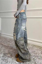 Washed Camo Patchwork Distressed Slim-Fit Jeans
