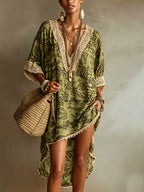 Green Camouflage Print V-Neck Mini Dress with Lace Splicing