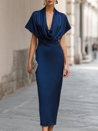 Navy Draped Cowl Neck Satin Midi Dress