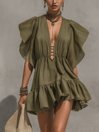 Green Deep V-Neck Flounce-Sleeve Ruched Mini Dress