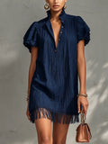 Elegant Navy Textured Mini Dress with Fringes