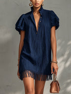 Elegant Navy Textured Mini Dress with Fringes