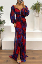 Sunset Serenade Printed Off Shoulder Embellished Pleated Slit Maxi Dress