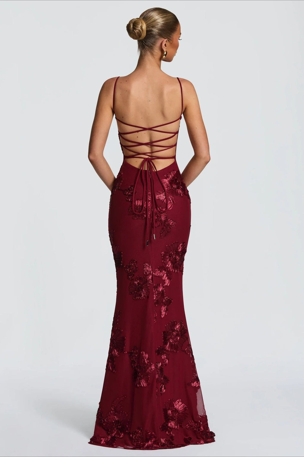 3D Applique Bone Pad Tie Back Solid Prom Dress