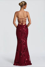 3D Applique Bone Pad Tie Back Solid Prom Dress