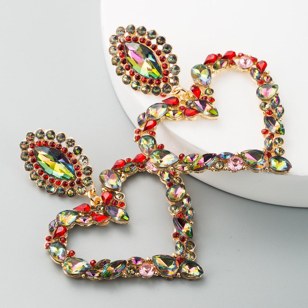 Heart-shaped with colored  retro temperament exaggerated earrings