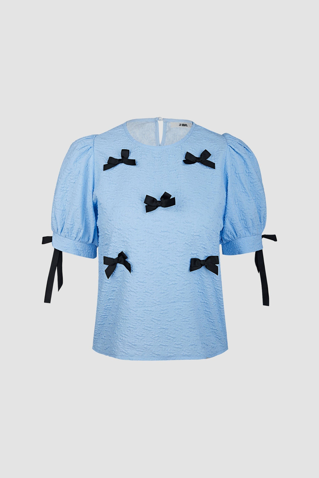 Cornflower Blue Textured Bowknot Decor Puff Sleeve Blouse