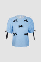 Cornflower Blue Textured Bowknot Decor Puff Sleeve Blouse