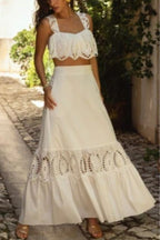 Summer City Hollow Lace Crop Tank and Elastic Waist Pocketed A-line Maxi Skirt Set