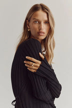 Sasha Timeless Knitted Midi Dress with V Neck and Sleeves Evening Wear Edit