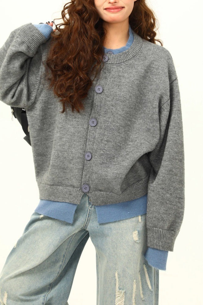 American Retro Fake Two-Piece Solid Cardigan