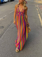 Rainbow Stripe Print V - Neck Maxi Dress