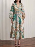 Hand Painted Printed V Neck Waist Midi Dress