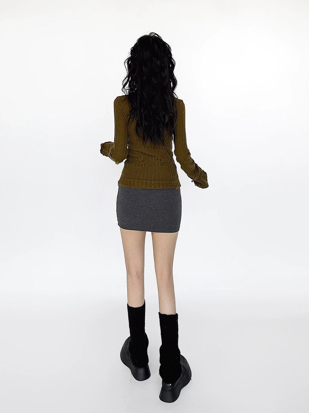 Cutout Ribbed Bell Sleeve Top