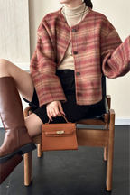 Plaid Crew Neck Single Breasted Drop Shoulder Wool Jacket