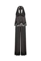 Elegant Morning Satin Lace Trim Halter Tie-up Tank and Elastic Waist Loose Pants Set