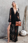 Embroidery V Neck Lace Maxi Boho Dress