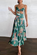 Dreamers Satin Floral Tie Up Slit Midi Dress