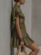 Green Deep V-Neck Flounce-Sleeve Ruched Mini Dress