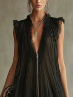 Black Pleated Chiffon Mini Dress with Lace Trim and Front Zipper