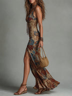Retro Ethnic Printed Maxi Dress with Deep V-Neck and Slit Hem