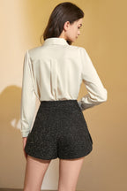 Ivory Satin Tie-Neck Long Sleeve Shirt