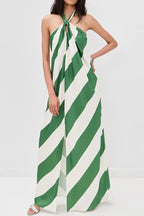 Most Dreamy Stripe Print Halter Tie-up Backless Pocket Loose Maxi Dress