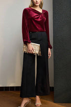 Fashionable Velvet Pleated Long-sleeved Knotted Casual Top