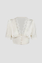 Ivory Satin Scallop Lace Puff Sleeve Crop Top