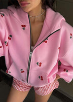 Cherry Mood - Oversized Zip-Up Hoodie with Puff Sleeves