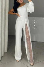 Stylish One Shoulder Slit Long Sleeve Mesh Splice Wide Leg Jumpsuit