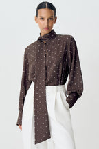Polka Dot Collared Tie-Up Slim Chic Blouse